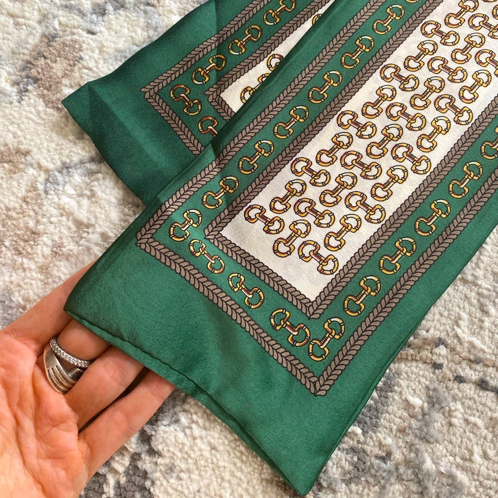 New Long Multipurpose Saddle Print Scarf Silk Like Green Cream Brown Stripe - Picture 5 of 13